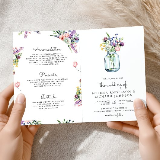 Wildflower Mason Jar All in One QR Code Wedding 招待状