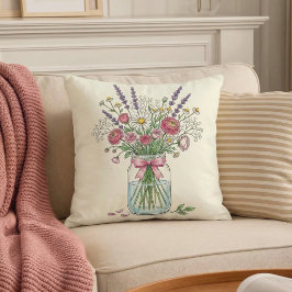 Wildflower Mason Jar Botanical Throw Pillow クッション