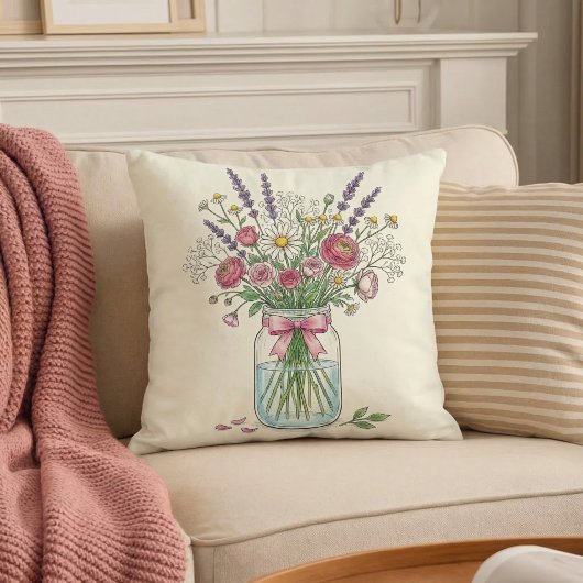 Wildflower Mason Jar Botanical Throw Pillow クッション