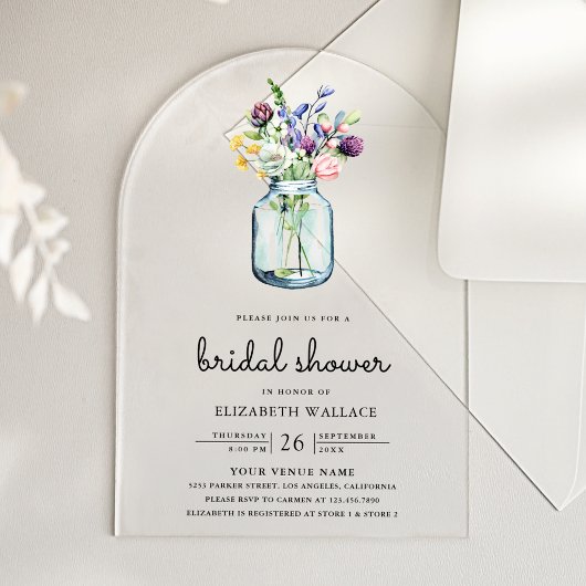 Wildflower Mason Jar Bridal Shower アクリル招待状