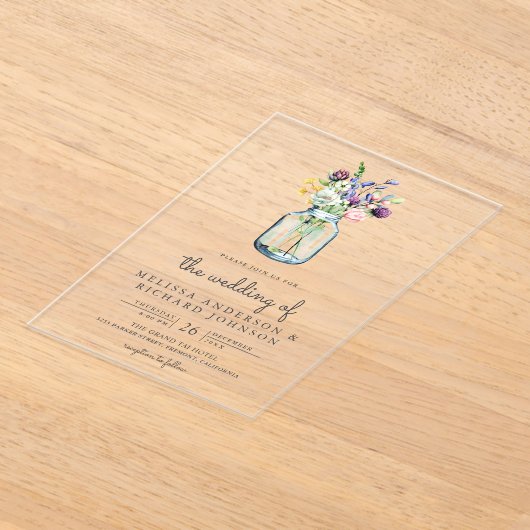 Wildflower Mason Jar Wedding アクリル招待状 (レイダウン)