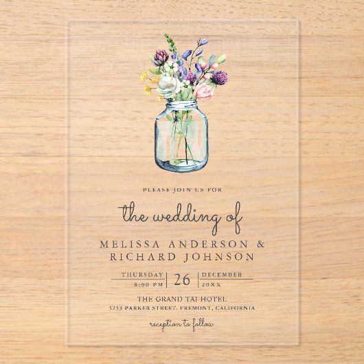 Wildflower Mason Jar Wedding アクリル招待状 (正面)