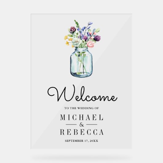 Wildflower Mason Jar Wedding Welcome アクリルサイン (正面)