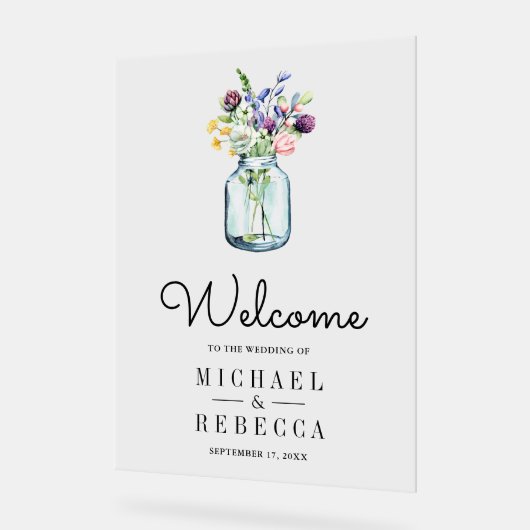 Wildflower Mason Jar Wedding Welcome アクリルサイン (傾斜)