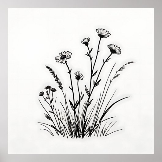 Wildflower Meadow Daisies Line Art ポスター (正面)