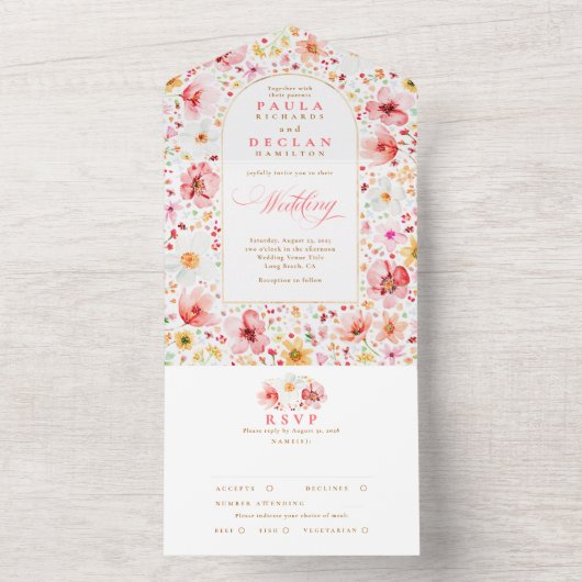 Wildflower Meadow Garden Floral Arch Wedding オールインワン招待状 (内側)