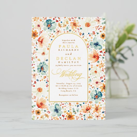 Wildflower Meadow Garden Floral Boho Fall Wedding 箔招待状 (立ち正面)