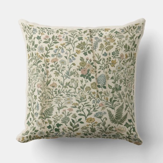 Wildflower Meadow Vintage Botanical Throw Pillow クッション (正面)