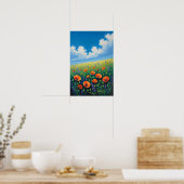 Wildflower Meadow with Blue Sky and Poppies Art ポスター (キッチン)