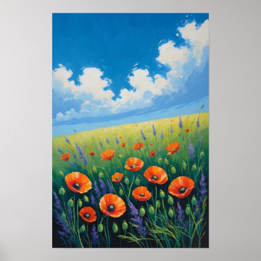 Wildflower Meadow with Blue Sky and Poppies Art ポスター (正面)
