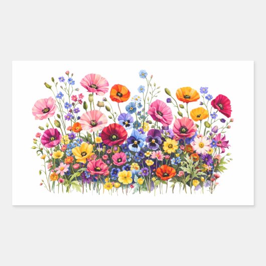 Wildflower Meadow with natural watercolor blooms 長方形シール (正面)