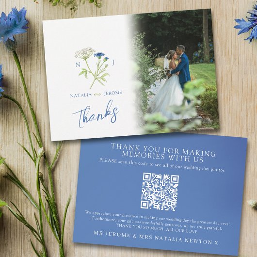 Wildflower monogram blue wedding photo QR Code サンキューカード