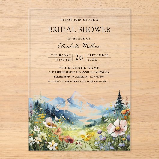 Wildflower Mountain Meadow Bridal Shower アクリル招待状 (正面)