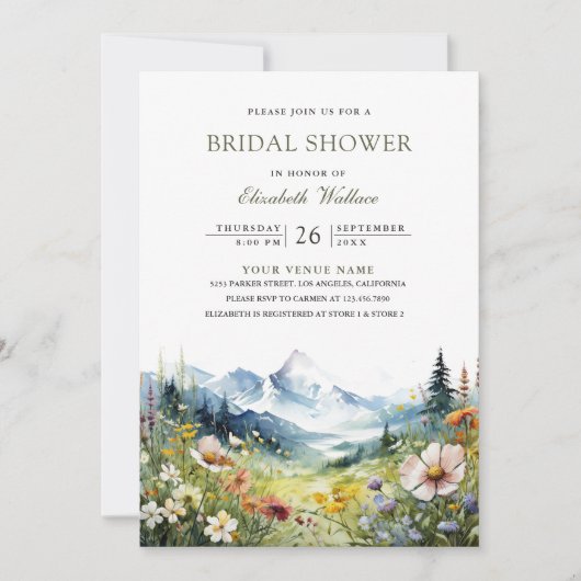 Wildflower Mountain Meadow QR Code Bridal Shower 招待状 (正面)