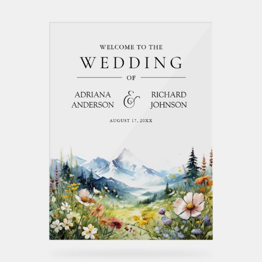Wildflower Mountain Meadow Wedding Welcome アクリルサイン (正面)