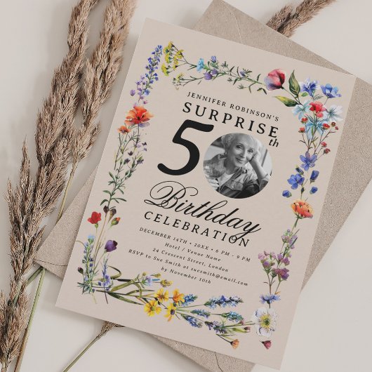 Wildflower Photo SURPRISE 50th Birthday Champagne 招待状