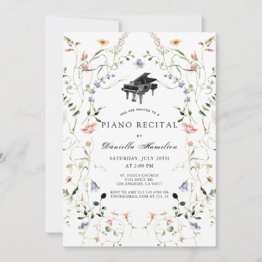 Wildflower Piano White Recital Invitation 招待状 (正面)