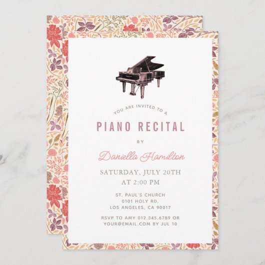 Wildflower Piano White Recital Invitation 招待状 (正面/裏面)