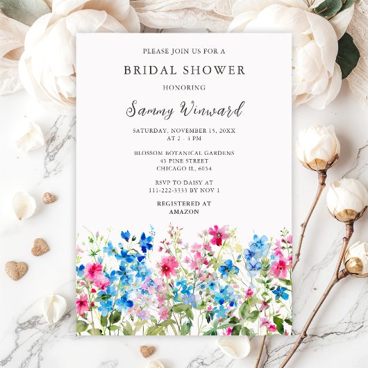 Wildflower Pink and Blue Floral Bridal Shower 招待状