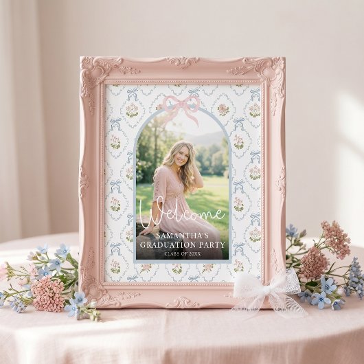 Wildflower Pink Bow Graduation Party Welcome ポスター