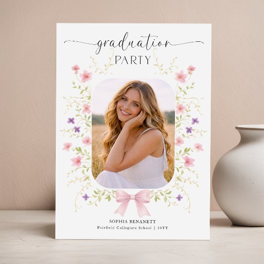 Wildflower Pink Bow Graduation Photo Invitation ポストカード