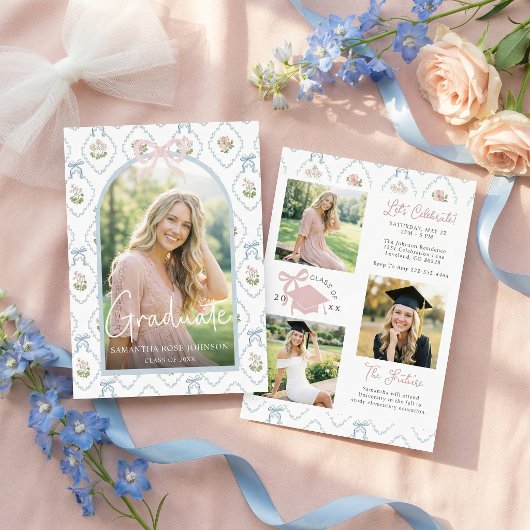 Wildflower Pink Bow Photo Graduation 招待状