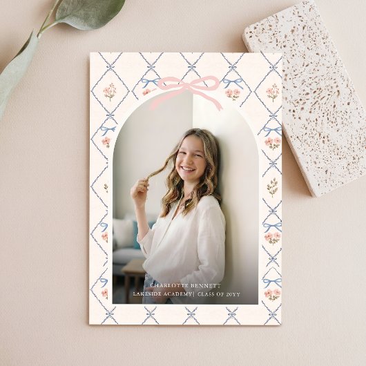 Wildflower Pink Bow Photo Graduation Invitation ポストカード