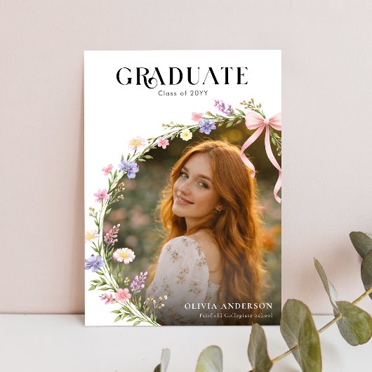 Wildflower Pink Bow Photo Graduation Invitation ポストカード