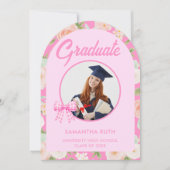 Wildflower Pink Gingham Bow Arch Photo Graduation 招待状 (正面)