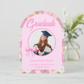 Wildflower Pink Gingham Bow Arch Photo Graduation 招待状 (スタンド正面)