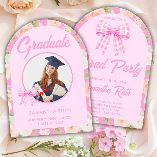 Wildflower Pink Gingham Bow Arch Photo Graduation 招待状