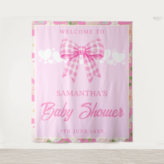 Wildflower Pink Gingham Bow Baby Shower Backdrop タペストリー (正面)