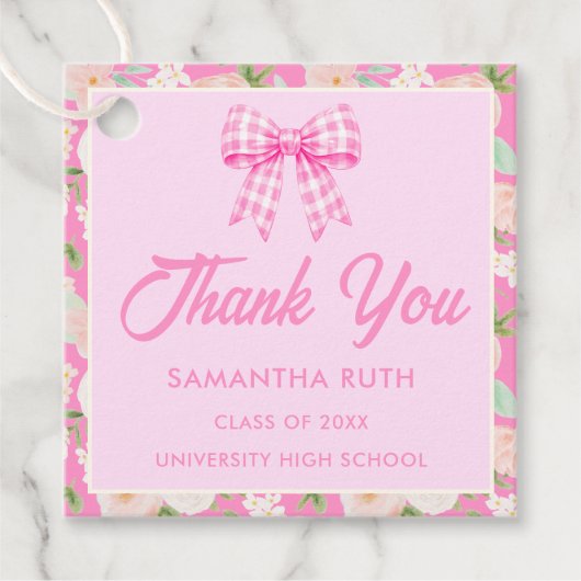 Wildflower Pink Gingham Bow Graduation Party フェイバータグ (正面)