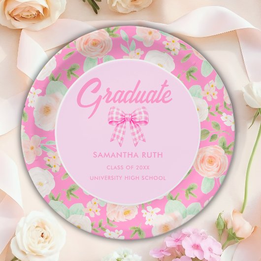 Wildflower Pink Gingham Bow Graduation Party ペーパープレート
