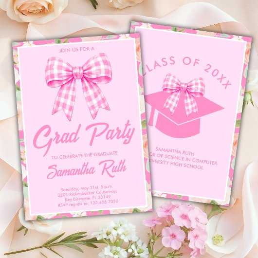 Wildflower Pink Gingham Bow Graduation Party 招待状