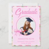 Wildflower Pink Gingham Bow Photo Graduation 案内状 (正面)