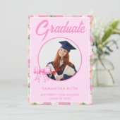 Wildflower Pink Gingham Bow Photo Graduation 案内状 (スタンド正面)