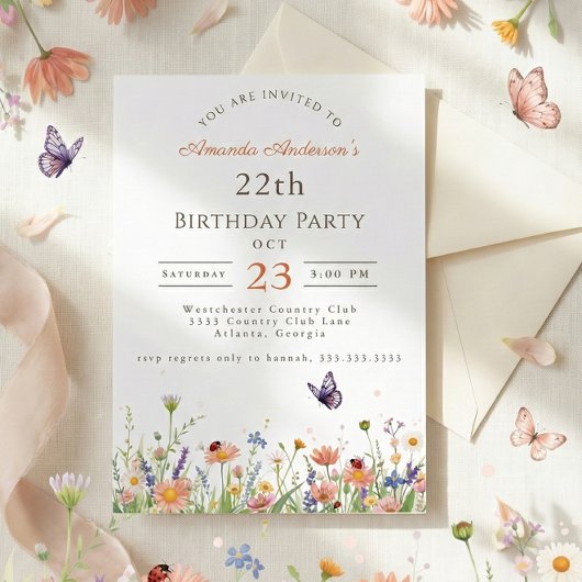 Wildflower Pink Purple Garden Party 22th Birthday 招待状