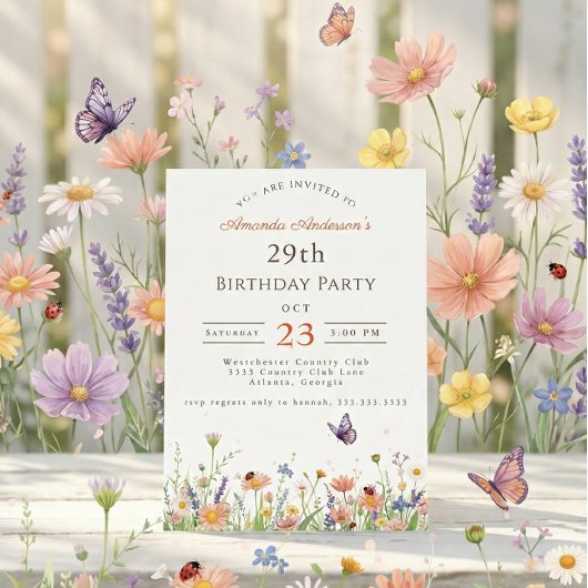 Wildflower Pink Purple Garden Party 29th Birthday 招待状