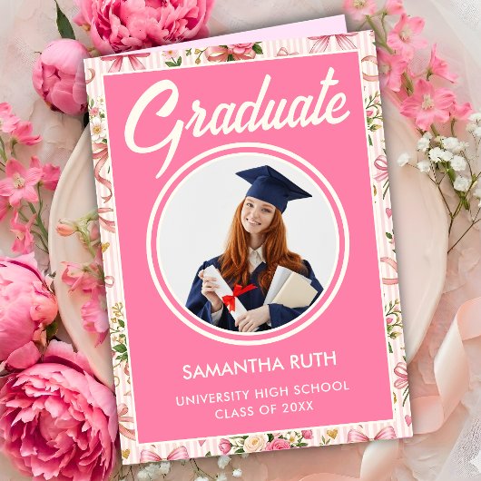 Wildflower Pink Striped Bows & Ribbons Graduation カード