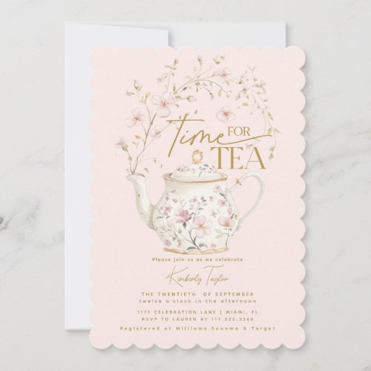 Wildflower Pink Time for Tea ブライダルシャワーパーティー 招待状 (正面)