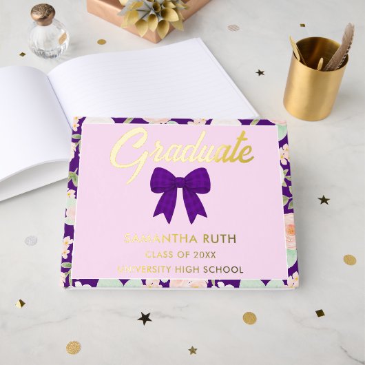 Wildflower Purple Gingham Bow Graduation Party ゲストブック (正面見開き)