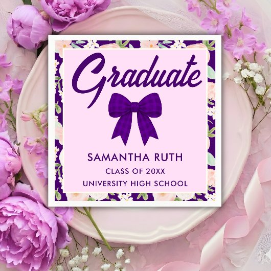 Wildflower Purple Gingham Bow Graduation Party スタンダードカクテルナプキン