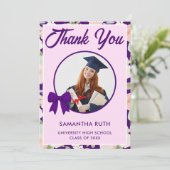 Wildflower Purple Gingham Bow Photo Graduation サンキューカード (スタンド正面)