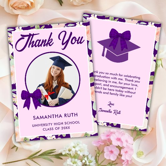 Wildflower Purple Gingham Bow Photo Graduation サンキューカード