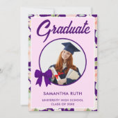 Wildflower Purple Gingham Bow Photo Graduation 招待状 (正面)