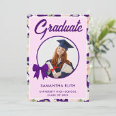 Wildflower Purple Gingham Bow Photo Graduation 招待状 (スタンド正面)