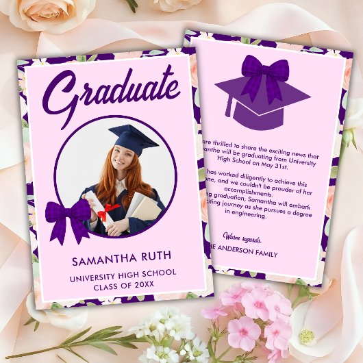 Wildflower Purple Gingham Bow Photo Graduation 案内状