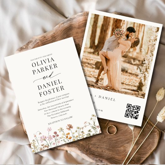Wildflower QR Code Photo Boho Minimalist Wedding  招待状
