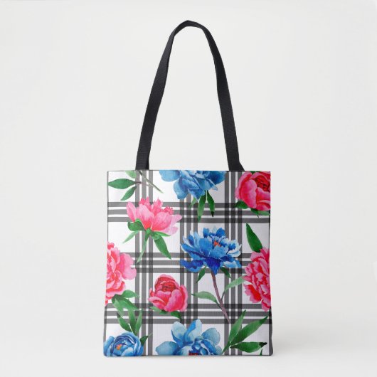 Wildflower red and blue peonies flowers pattern in トートバッグ (正面)